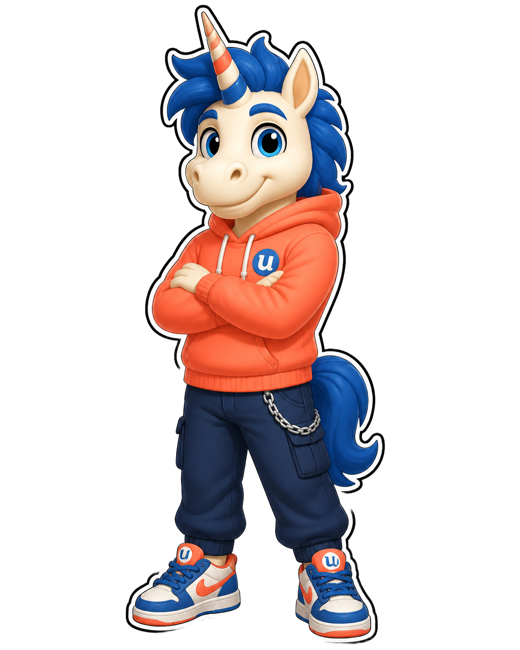Unickorn, the uNickorns mascot: a blue-maned unicorn in a coral hoodie standing with arms crossed