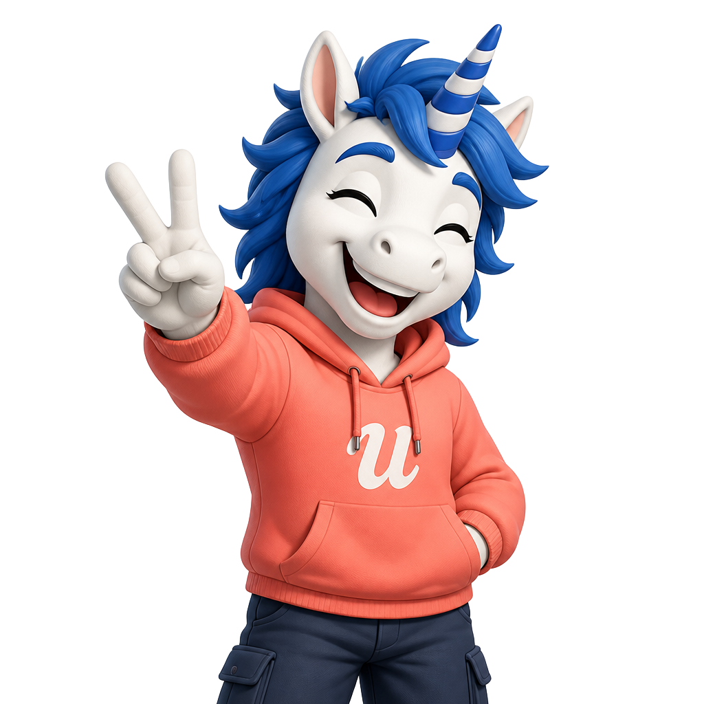 Unickorn mascot smiling with a peace sign